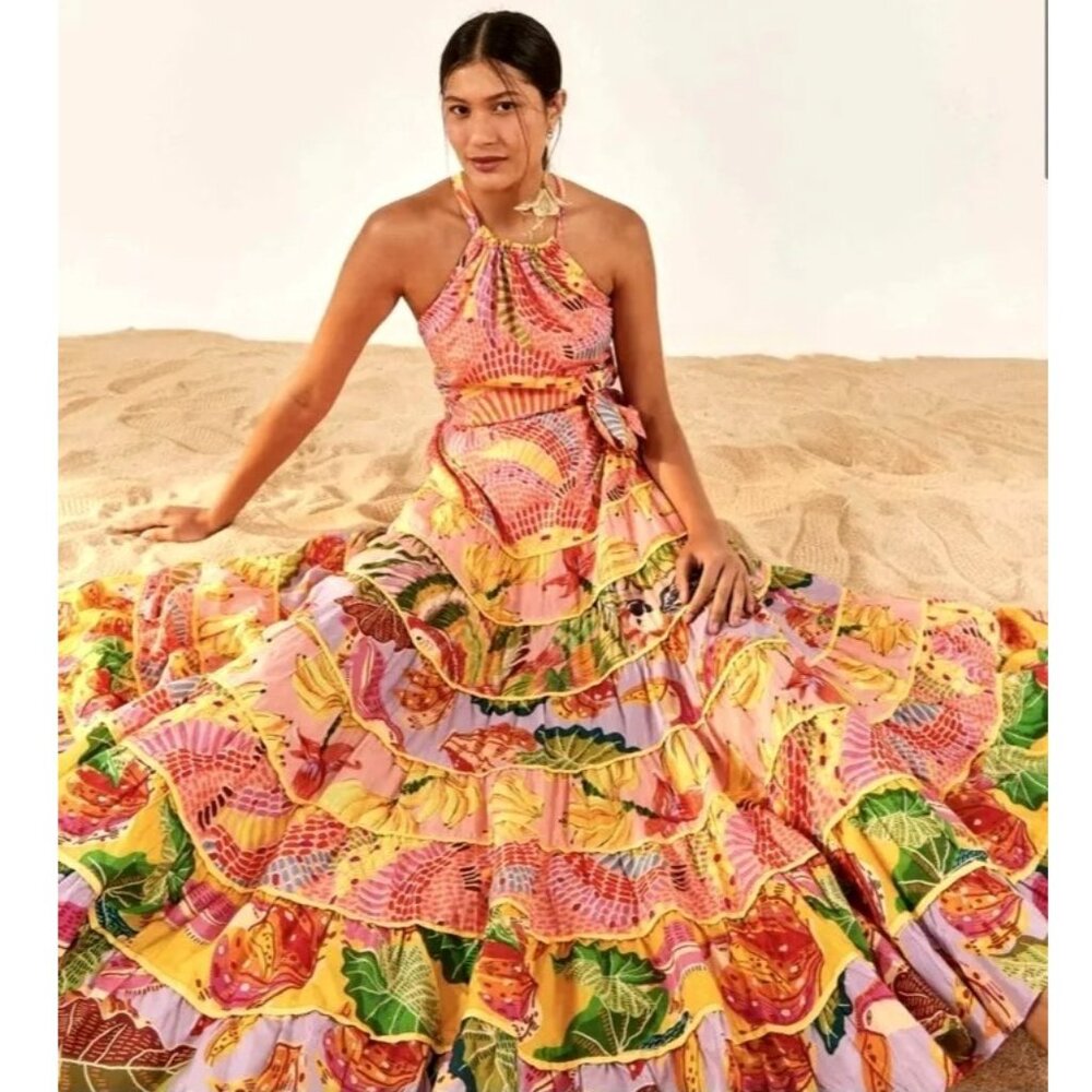FARM Rio Maxi Dress XL Mixed Prints Floral Tiered Strappy Halter Pink - Picture 2 of 16